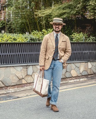 Hat Outfits For Men: A tan cotton blazer and a hat are the kind of a winning casual ensemble that you so awfully need when you have zero time. For something more on the classy side to finish off your look, complete your ensemble with a pair of brown suede desert boots.