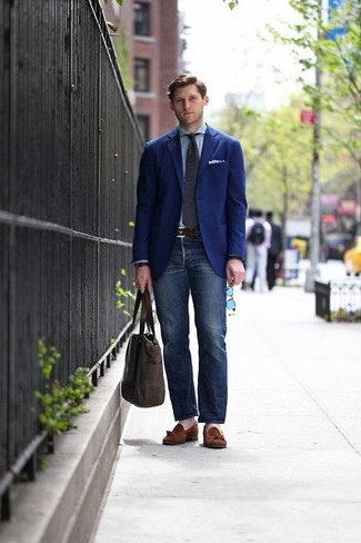 Men's Navy Blazer, Light Blue Dress Shirt, Navy Jeans, Brown Suede Tassel Loafers