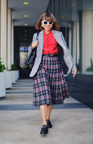 Red Dress Shirt Outfits For Women: This combination of a red dress shirt and a navy plaid midi skirt looks fantastic, but it's extremely easy to replicate. Black leather loafers integrate seamlessly within a multitude of ensembles.