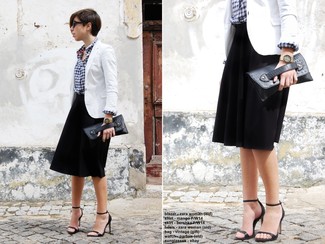 Women's White Blazer, White and Navy Gingham Dress Shirt, Black Pleated Midi Skirt, Black Leather Heeled Sandals