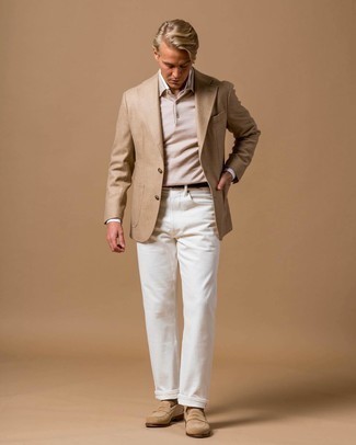 Tan Suede Loafers Outfits For Men: If the dress code calls for a sophisticated yet neat menswear style, pair a tan blazer with white jeans. And if you want to effortlessly smarten up this outfit with one single item, why not introduce a pair of tan suede loafers to the equation?