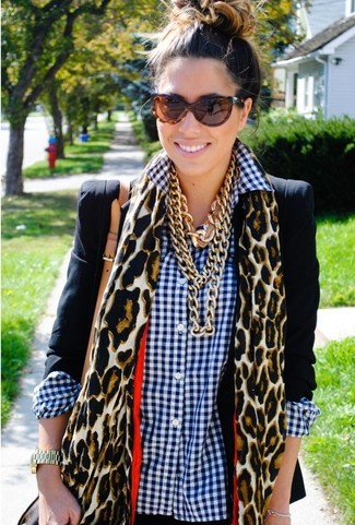 Women's Black Blazer, White and Navy Gingham Dress Shirt, Tan Leopard Scarf, Brown Leopard Sunglasses