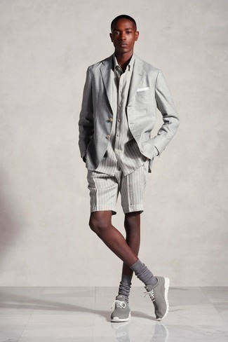 Men's Grey Blazer, Grey Vertical Striped Dress Shirt, Grey Vertical Striped Shorts, Grey Athletic Shoes
