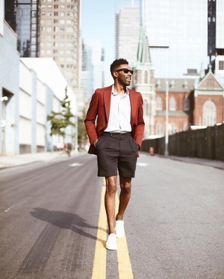 Men's Tobacco Blazer, White and Blue Vertical Striped Dress Shirt, Black Shorts, White Canvas Low Top Sneakers