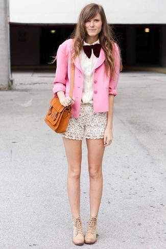 White Lace Shorts Warm Weather Outfits For Women: This casual combination of a pink silk blazer and white lace shorts is a lifesaver when you need to look cool in a flash. Show off your classy side by rounding off with beige suede ankle boots.