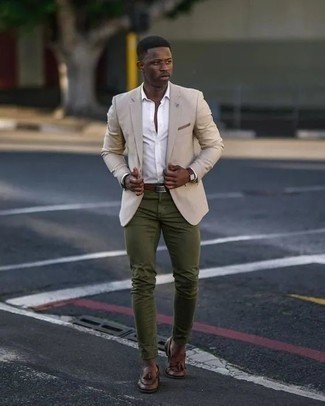 Brown Leather Tassel Loafers Outfits: Try teaming a beige blazer with olive skinny jeans for standout menswear style. To give your overall ensemble a more polished aesthetic, add brown leather tassel loafers to the mix.