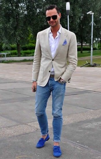 Blue Suede Tassel Loafers Outfits: This combination of a beige blazer and blue skinny jeans will cement your expertise in men's fashion even on lazy days. A cool pair of blue suede tassel loafers is the simplest way to inject an added dose of style into this look.