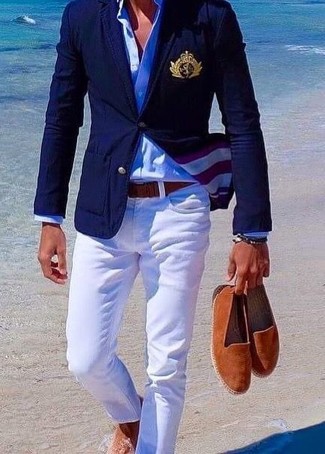 Tobacco Canvas Espadrilles Outfits For Men: This combination of a navy blazer and white skinny jeans is undeniable proof that a simple casual outfit doesn't have to be boring. If not sure as to what to wear when it comes to footwear, stick to tobacco canvas espadrilles.