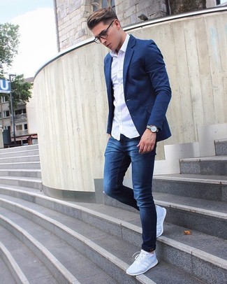 Navy and White Canvas Watch Outfits For Men: For a modern casual ensemble, Reach for a navy blazer and a navy and white canvas watch. When not sure about what to wear on the footwear front, introduce light blue athletic shoes to the mix.