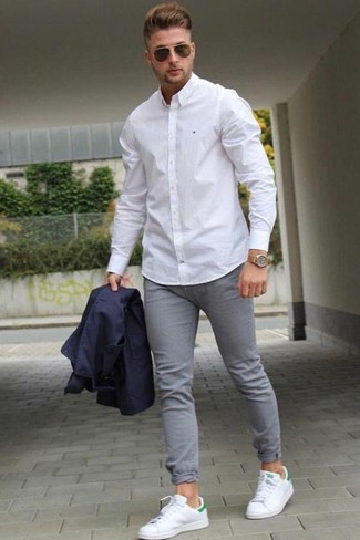 Men's Navy Blazer, White Dress Shirt, Grey Skinny Jeans, White Leather Low Top Sneakers