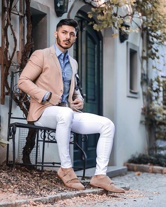 Beige Suede Double Monks Outfits: Inject style into your day-to-day casual routine with a tan blazer and white skinny jeans. To give your outfit a more elegant touch, why not add beige suede double monks to the mix?