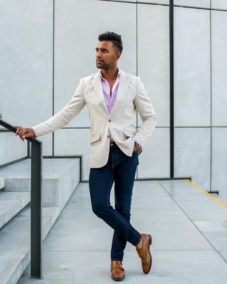 Navy Skinny Jeans Summer Outfits For Men: This combo of a beige blazer and navy skinny jeans is solid proof that a safe off-duty getup can still look really sharp. For a more polished finish, round off with a pair of brown leather double monks. This look is a foolproof option if you're searching for a great, summer-ready look.