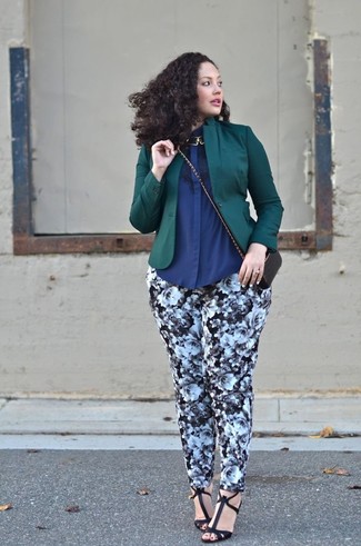 Black Leather Heeled Sandals Outfits: A dark green blazer and black and white floral skinny pants are great items to have in your casual box. Add a pair of black leather heeled sandals to the mix et voila, the look is complete.