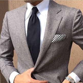 Men's Grey Blazer, White Dress Shirt, Black Tie, Black and White Houndstooth Pocket Square