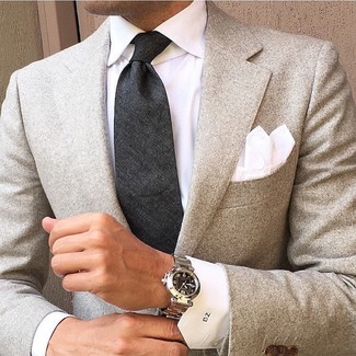 Men's Beige Wool Blazer, White Dress Shirt, Charcoal Tie, White Pocket Square