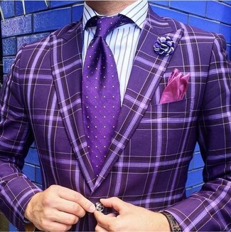 Light Violet Polka Dot Tie Outfits For Men: To look smooth and stylish, team a purple check blazer with a light violet polka dot tie.