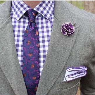Violet Lapel Pin Outfits: Putting together a grey blazer with a violet lapel pin is a smart idea for a casual but dapper look.