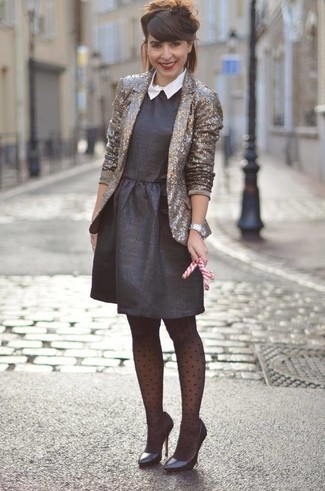 Gold Sequin Blazer Outfits For Women: Breathe personality into your day-to-day collection with a gold sequin blazer and a black fit and flare dress. When not sure as to the footwear, introduce black leather pumps to this ensemble.
