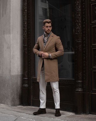 Camel Overcoat with Casual Boots Outfits: 