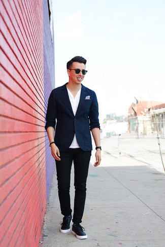 Men's Navy Blazer, White Henley Shirt, Black Chinos, Navy Leather Low Top Sneakers