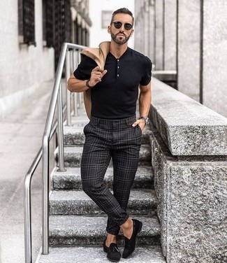Henley Shirt Outfits For Men: This casual pairing of a henley shirt and charcoal plaid chinos is a lifesaver when you need to look cool in a flash. A pair of black suede tassel loafers will put an elegant spin on this ensemble.