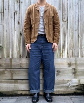 Men's Brown Cotton Blazer, Grey Henley Shirt, Navy Jeans, Black Leather Chelsea Boots