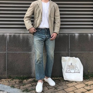 White Canvas Slip-on Sneakers Outfits For Men: A beige blazer and blue jeans are absolute mainstays if you're planning a semi-casual wardrobe that holds to the highest fashion standards. To give your overall look a more relaxed aesthetic, why not introduce a pair of white canvas slip-on sneakers to your ensemble?