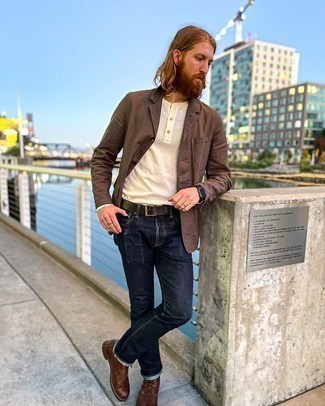 Brown Cotton Blazer Outfits For Men: Such pieces as a brown cotton blazer and navy jeans are the perfect way to inject extra polish into your daily casual collection. A pair of dark brown leather casual boots is a nice option to round off your outfit.