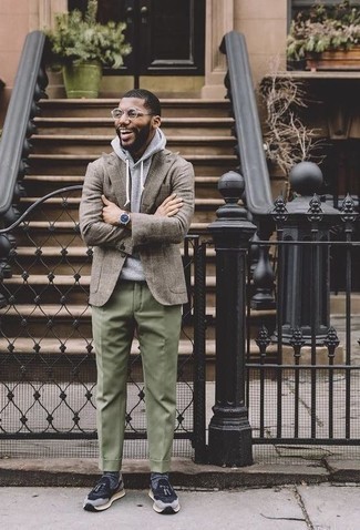 Grey Check Blazer Outfits For Men: A grey check blazer and olive chinos are the kind of a never-failing combination that you need when you have no time. If you want to instantly dress down your ensemble with one single piece, why not complete your look with navy athletic shoes?