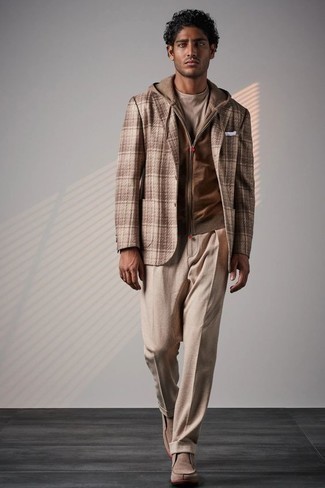 1200+ Smart Casual Outfits For Men: Pair a beige plaid wool blazer with beige chinos to be the picture of masculine elegance. Add a pair of tan suede loafers to this ensemble to immediately boost the style factor of any ensemble.