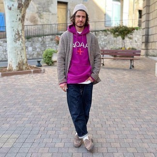Purple Hoodie Outfits For Men: Consider pairing a purple hoodie with navy jeans if you want to look casual and cool without trying too hard. If you want to easily perk up your ensemble with shoes, why not throw a pair of brown suede loafers into the mix?