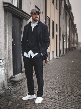 Charcoal Flat Cap Outfits For Men: Putting together a black blazer with a charcoal flat cap is a good idea for a casually cool look. Why not complete this ensemble with a pair of white leather low top sneakers for an added touch of style?