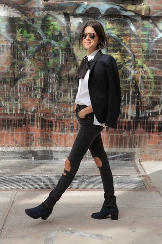 Women's Black Blazer, White Ruffle Long Sleeve Blouse, Black Ripped Skinny Jeans, Navy Suede Ankle Boots