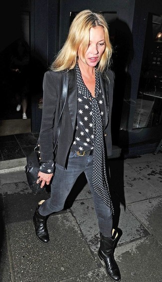 Kate Moss wearing Black Blazer, Black Star Print Long Sleeve Blouse, Charcoal Skinny Jeans, Black Leather Mid-Calf Boots