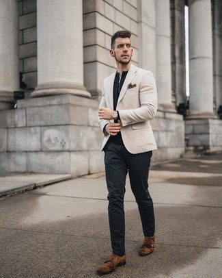 Dark Brown Suede Monks Outfits: This combination of a beige blazer and navy chinos is seriously sharp and creates instant appeal. Make your ensemble a bit dressier by finishing with dark brown suede monks.