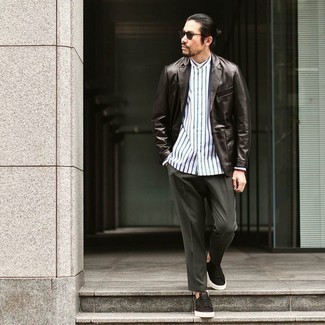 Men's Dark Brown Leather Blazer, White and Navy Vertical Striped Long Sleeve Shirt, Dark Green Chinos, Black Suede Low Top Sneakers