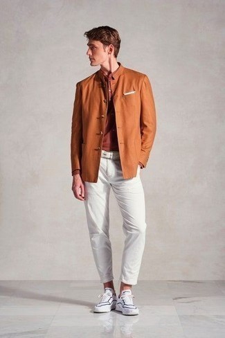 Men's Orange Blazer, Tobacco Long Sleeve Shirt, White Chinos, White and Black Athletic Shoes