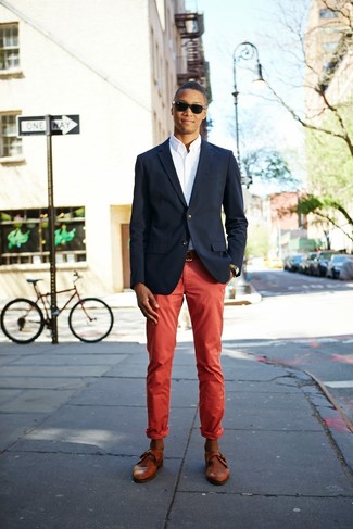Men's Navy Blazer, White Long Sleeve Shirt, Red Chinos, Brown Leather Monks