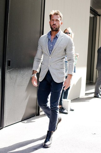Men's Grey Knit Blazer, Navy and White Floral Long Sleeve Shirt, Navy Chinos, Black Leather Brogue Boots