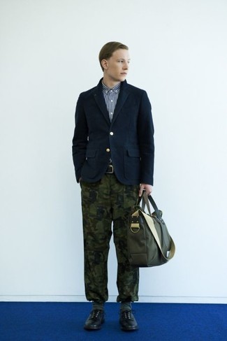 Olive Camouflage Chinos Outfits: This combo of a navy cotton blazer and olive camouflage chinos can only be described as seriously dapper and effortlessly refined. Black leather derby shoes will bring a dash of polish to an otherwise too-common getup.