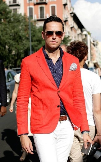 Men's Red Blazer, Navy and White Polka Dot Long Sleeve Shirt, White Chinos, White Paisley Pocket Square
