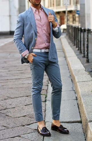 Light Blue Chinos Outfits: Consider teaming a light blue vertical striped blazer with light blue chinos to assemble a sleek and elegant menswear style. Complement this ensemble with burgundy leather tassel loafers for an extra dose of elegance.