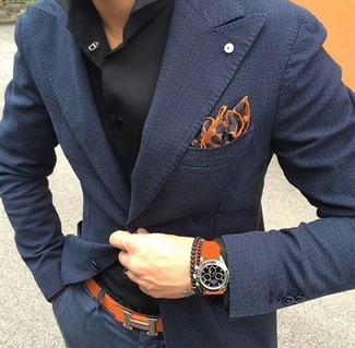 Orange Canvas Watch Outfits For Men: For a laid-back and cool getup, rock a navy blazer with an orange canvas watch — these items play really great together.