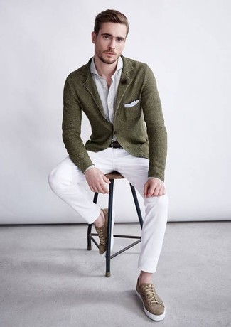 Men's Olive Wool Blazer, Grey Long Sleeve Shirt, White Chinos, Brown Low Top Sneakers