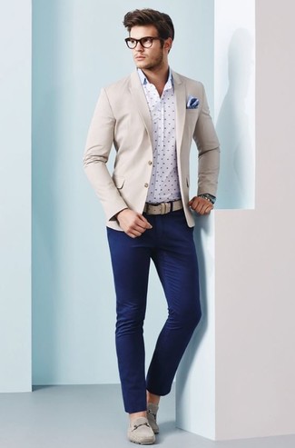 Men's Beige Blazer, White and Navy Polka Dot Long Sleeve Shirt, Navy Chinos, Beige Suede Driving Shoes