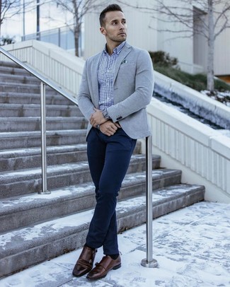 Men's Grey Knit Blazer, Blue Gingham Long Sleeve Shirt, Navy Chinos, Dark Brown Leather Double Monks