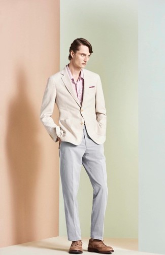 Pink Long Sleeve Shirt Outfits For Men: Swing into something practical yet contemporary in a pink long sleeve shirt and grey chinos. For a more polished spin, why not add a pair of brown leather brogues to your getup?