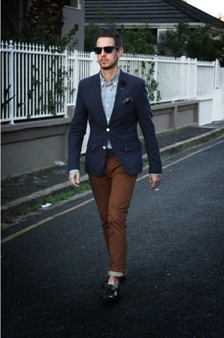 Men's Navy Blazer, White and Blue Gingham Long Sleeve Shirt, Brown Chinos, Black Leather Loafers