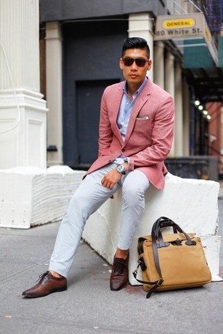 Hot Pink Blazer Outfits For Men: For an ensemble that's absolutely GQ-worthy, rock a hot pink blazer with white chinos. Infuse your outfit with an added dose of polish by finishing with dark brown leather oxford shoes.