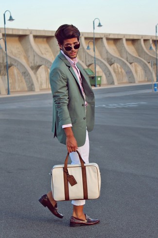 Men's Teal Blazer, Pink Long Sleeve Shirt, White Chinos, Burgundy Leather Loafers